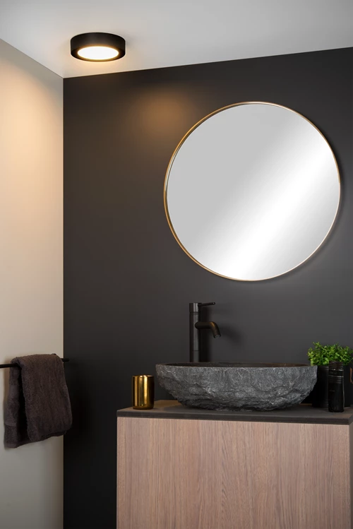 Lucide BRICE-LED - Plafonnier Salle de bains - Ø 18 cm - LED Dim. - 1x12W 3000K - IP44 - Noir - ambiance 1